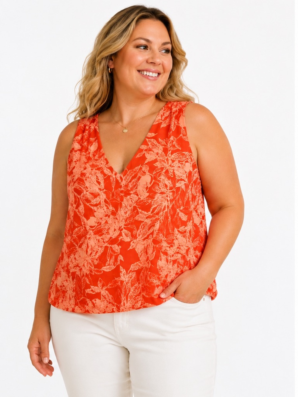 Lands’ End Large 14-16 Coral Pink Floral Tank Top Tencel Sleeveless NWT